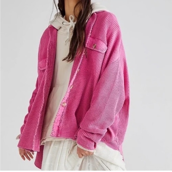 Free people FP One hot pink waffle knit scout jacket button down top rare